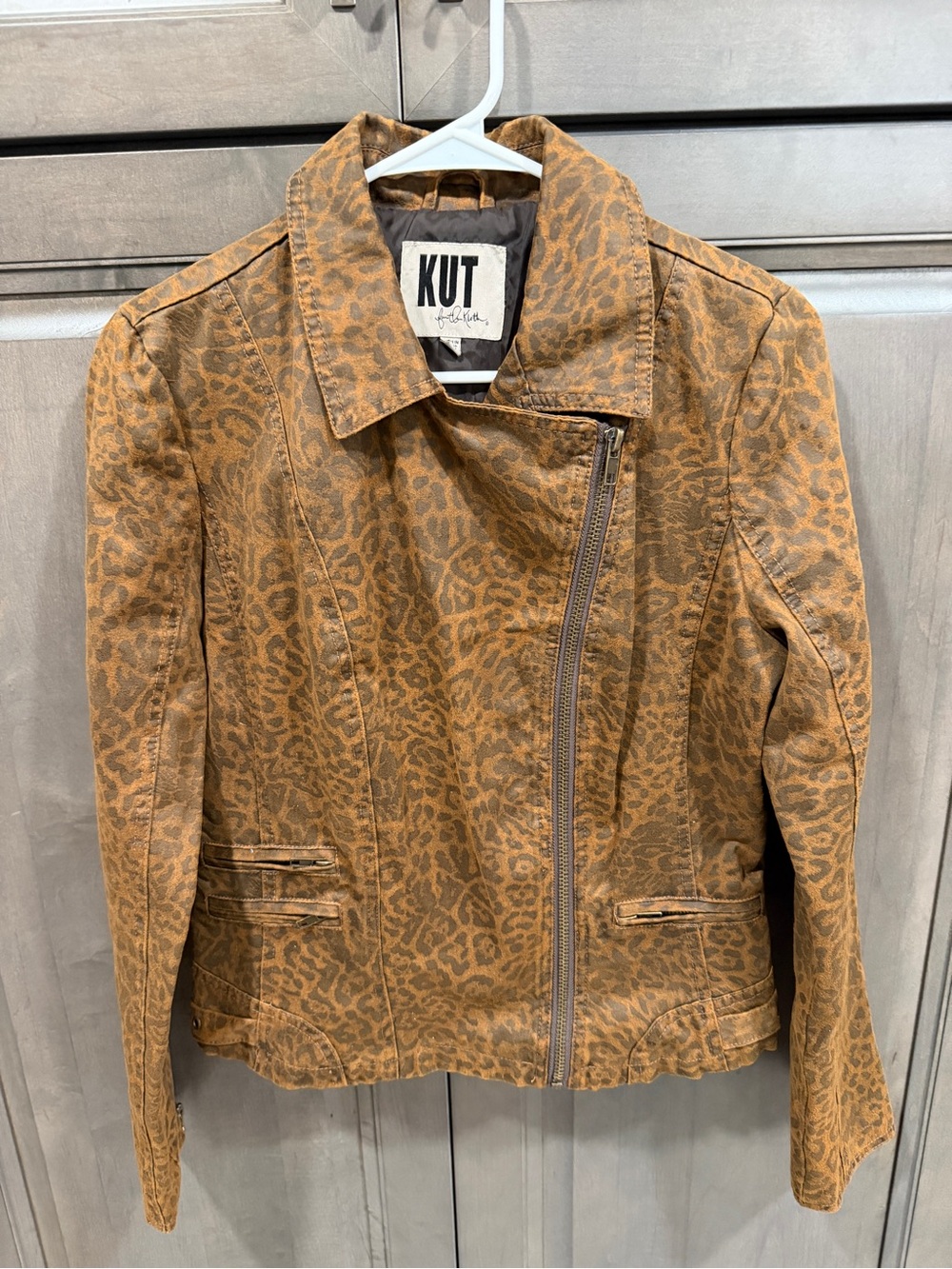 Kut from the Kloth Tan Leopard Print Asymmetrical Moto Jacket